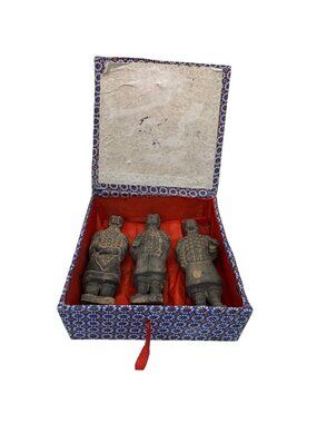Vintage Lot of 3 Set Terracotta Warrior Figurines Original Decorative Box Asian